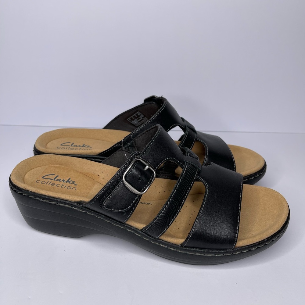 NWOB Clarks Women 9.5 Merliah Pearl Black Leather Wedge Comfort Slip on Sandal - Picture 3 of 5